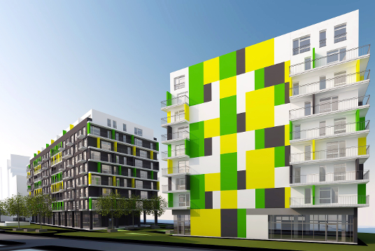 Budynek mieszkalny widok naelewację z kolorowymi prostokątami zaprojektowane przez wrocławskich architektów