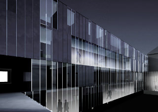 widok nocny na elewację budynku szpitala zaprojektowaną z paneli poliwęglanowych przez architetów z Wrocławia