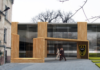 widok na wejście do budynku konferencyjnego przez drewnianą wstęgę pokazujący ideę architektów z Wrocławia