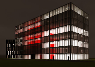 widok nocny na budynek biurowy we Wrocławiu widoczne pasy i czerwony trzon zgodnie z ideą architekta